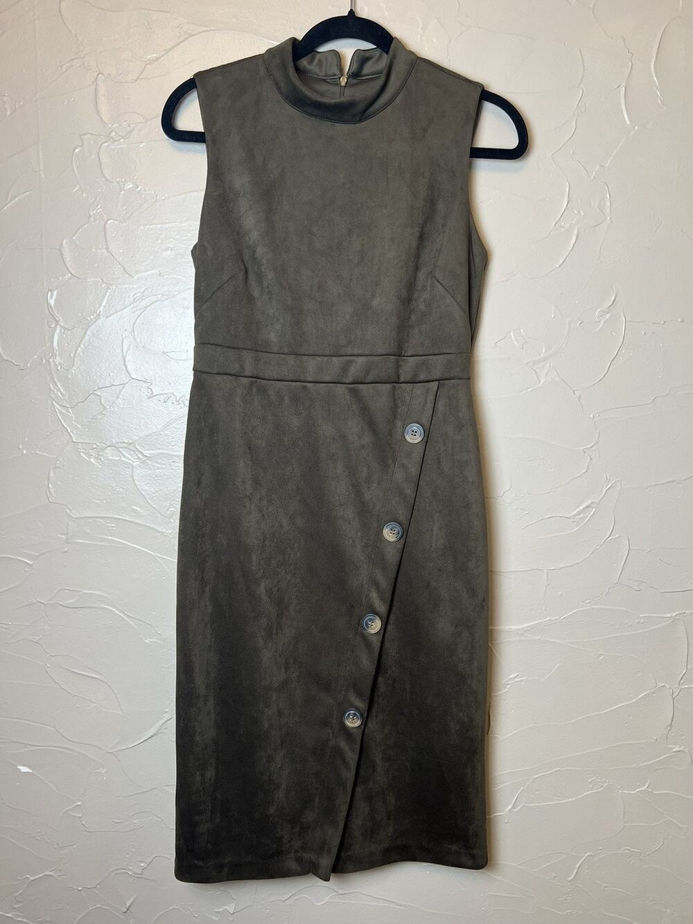 Emma & Michelle Olive Green Faux Suede Dress SZ 4 Mock Neck Chic